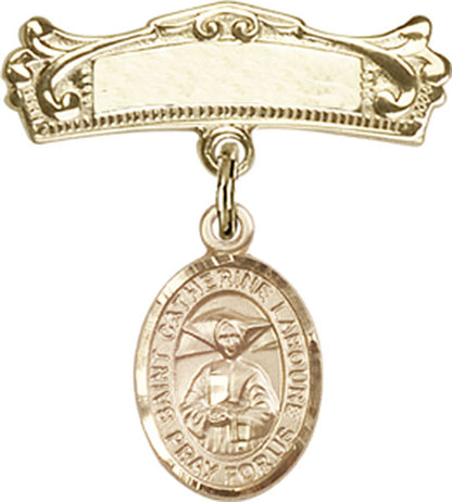 Personalized Baby Badge - Engraved Badge Pin with St. Catherine Laboure Charm