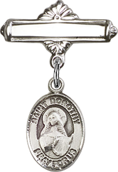 Personalized Baby Badge - Engraved Badge Pin with St. Dorothy Charm