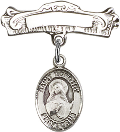 Personalized Baby Badge - Engraved Badge Pin with St. Dorothy Charm