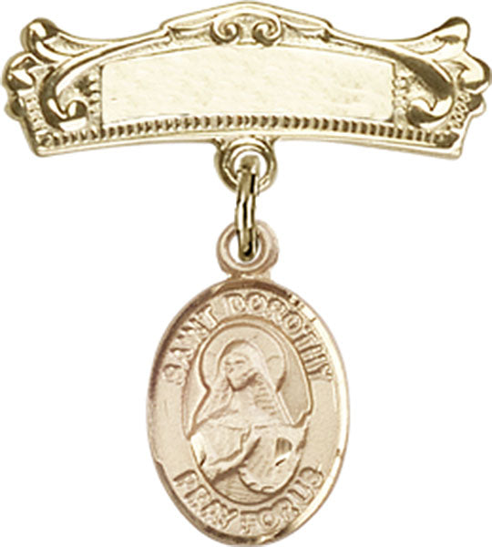 Personalized Baby Badge - Engraved Badge Pin with St. Dorothy Charm