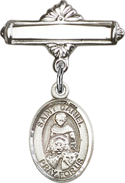 Personalized Baby Badge - Engraved Badge Pin with St. Daniel Charm