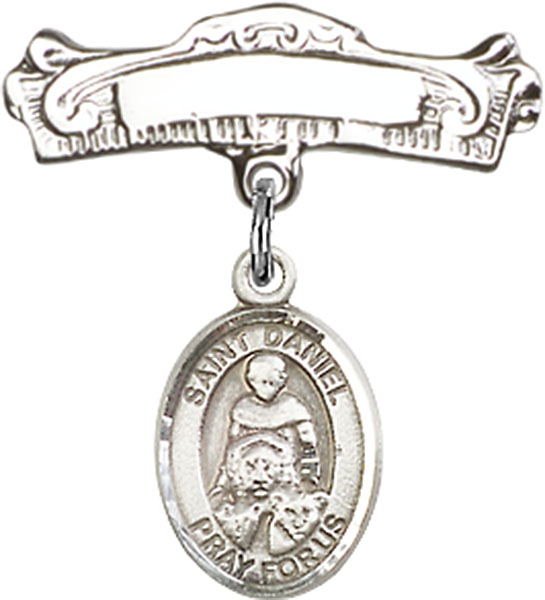 Personalized Baby Badge - Engraved Badge Pin with St. Daniel Charm