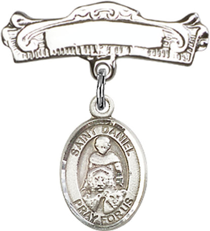Personalized Baby Badge - Engraved Badge Pin with St. Daniel Charm