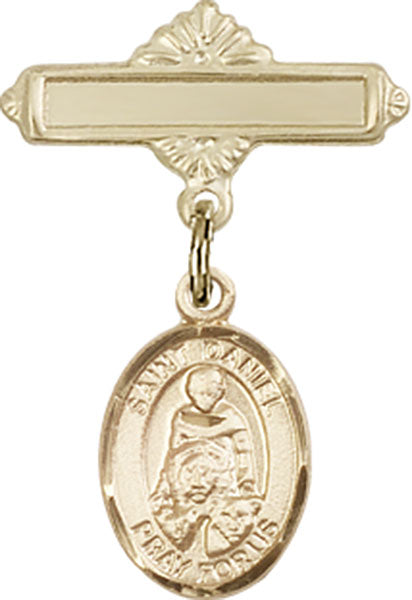 Personalized Baby Badge - Engraved Badge Pin with St. Daniel Charm