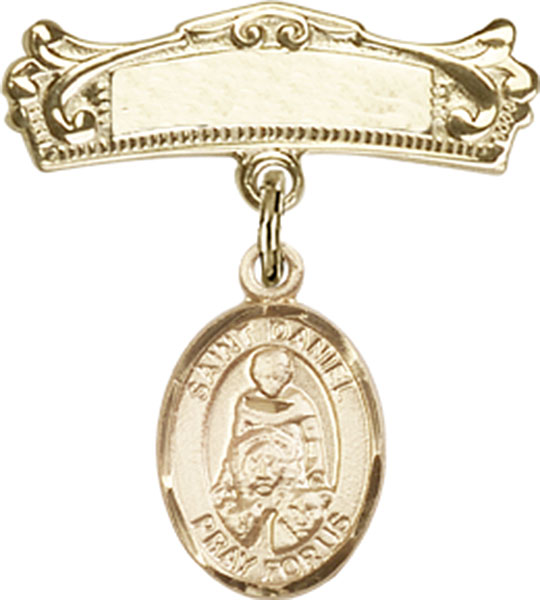 Personalized Baby Badge - Engraved Badge Pin with St. Daniel Charm