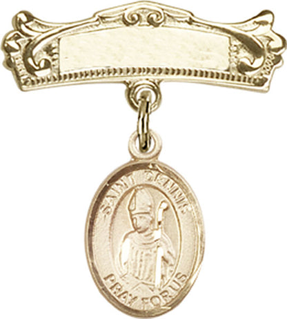 Personalized Baby Badge - Engraved Badge Pin with St. Dennis Charm