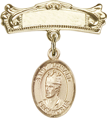 Personalized Baby Badge - Engraved Badge Pin with St. Edward the Confessor Charm