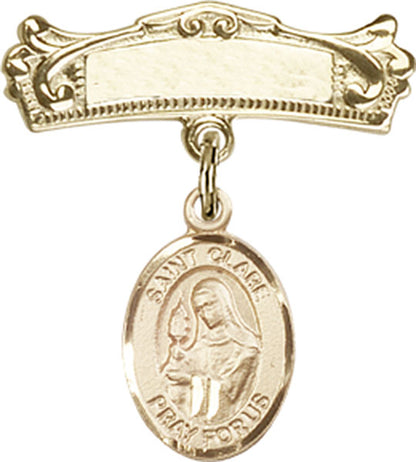 Personalized Baby Badge - Engraved Badge Pin with St. Clare of Assisi Charm