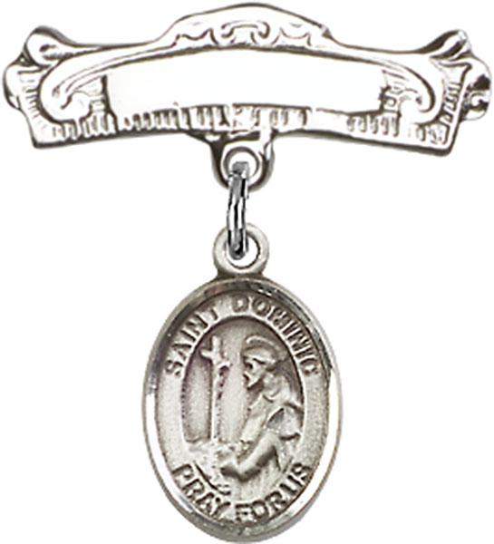 Personalized Baby Badge - Engraved Badge Pin with St. Dominic de Guzman Charm