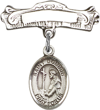 Personalized Baby Badge - Engraved Badge Pin with St. Dominic de Guzman Charm