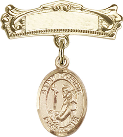 Personalized Baby Badge - Engraved Badge Pin with St. Dominic de Guzman Charm