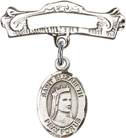Personalized Baby Badge - Engraved Badge Pin with St. Elizabeth of Hungary Charm