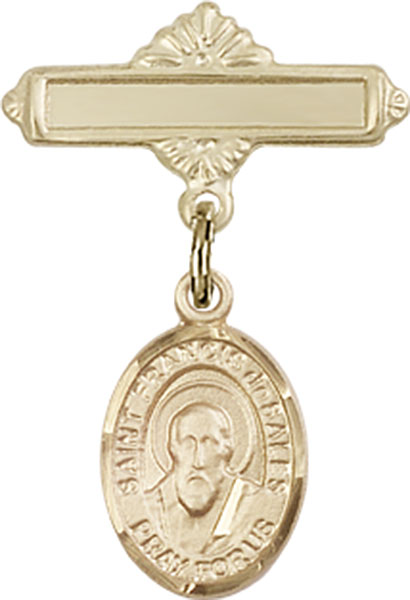 Personalized Baby Badge - Engraved Badge Pin with St. Francis de Sales Charm