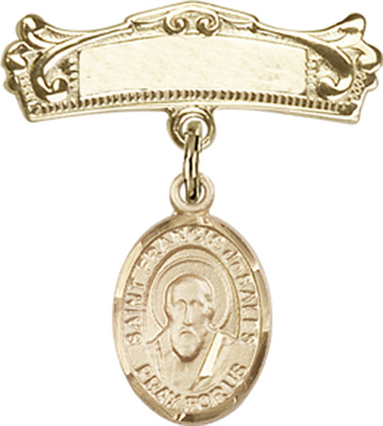 Personalized Baby Badge - Engraved Badge Pin with St. Francis de Sales Charm