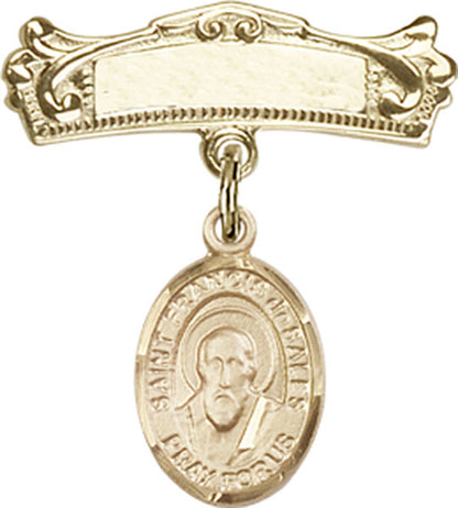 Personalized Baby Badge - Engraved Badge Pin with St. Francis de Sales Charm