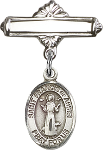 Personalized Baby Badge - Engraved Badge Pin with St. Francis of Assisi Charm
