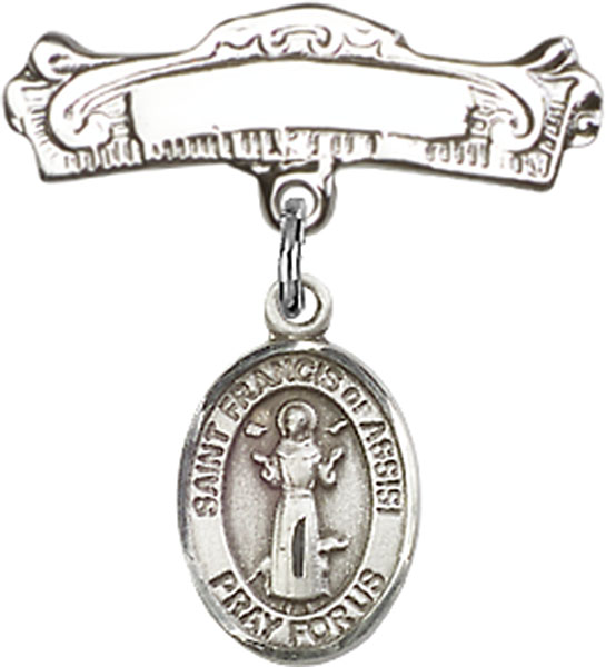 Personalized Baby Badge - Engraved Badge Pin with St. Francis of Assisi Charm