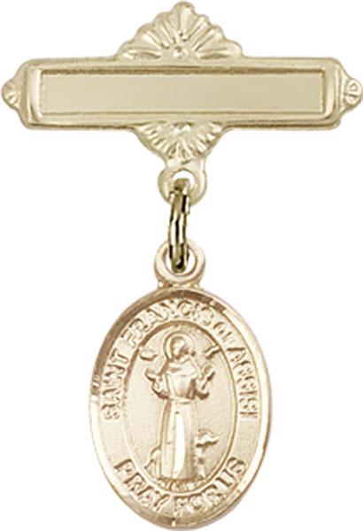 Personalized Baby Badge - Engraved Badge Pin with St. Francis of Assisi Charm