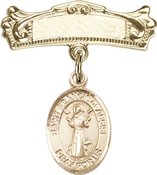 Personalized Baby Badge - Engraved Badge Pin with St. Francis of Assisi Charm