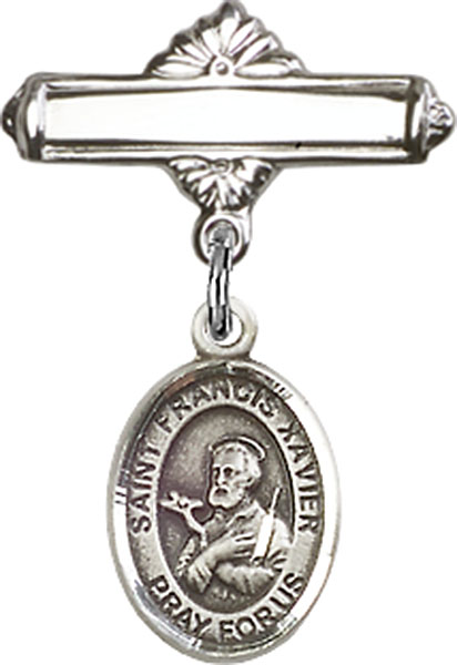 Personalized Baby Badge - Engraved Badge Pin with St. Francis Xavier Charm