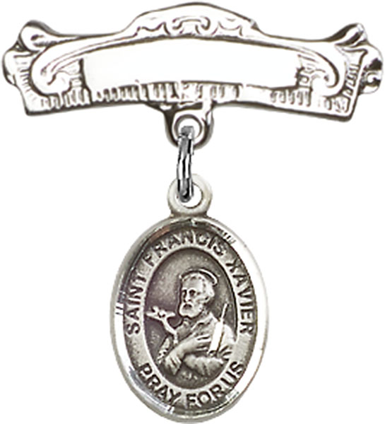 Personalized Baby Badge - Engraved Badge Pin with St. Francis Xavier Charm