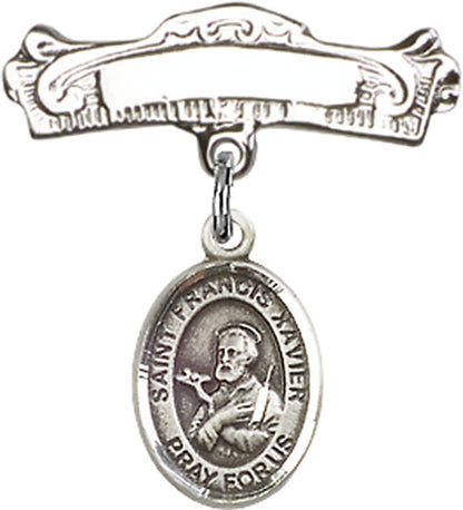 Personalized Baby Badge - Engraved Badge Pin with St. Francis Xavier Charm