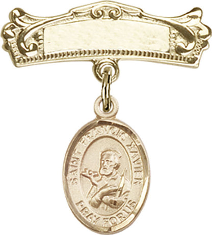 Personalized Baby Badge - Engraved Badge Pin with St. Francis Xavier Charm