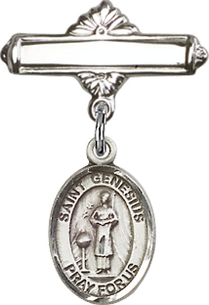 Personalized Baby Badge - Engraved Badge Pin with St. Genesius of Rome Charm