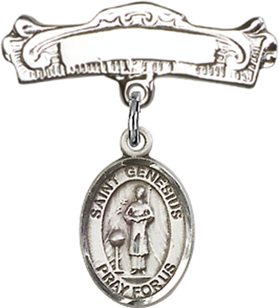 Personalized Baby Badge - Engraved Badge Pin with St. Genesius of Rome Charm