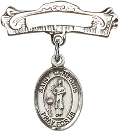 Personalized Baby Badge - Engraved Badge Pin with St. Genesius of Rome Charm