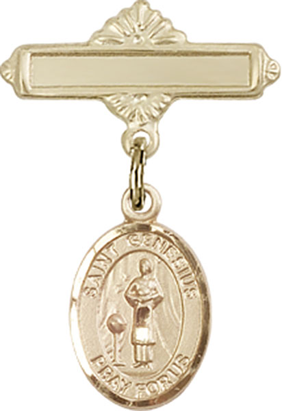 Personalized Baby Badge - Engraved Badge Pin with St. Genesius of Rome Charm