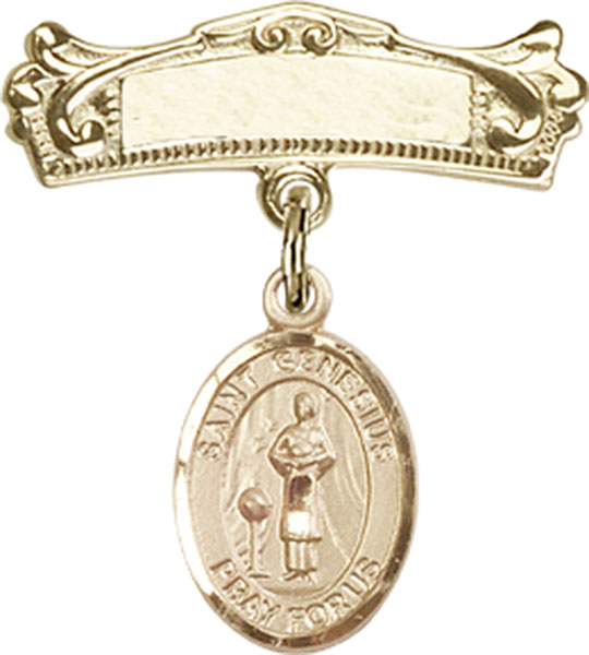 Personalized Baby Badge - Engraved Badge Pin with St. Genesius of Rome Charm