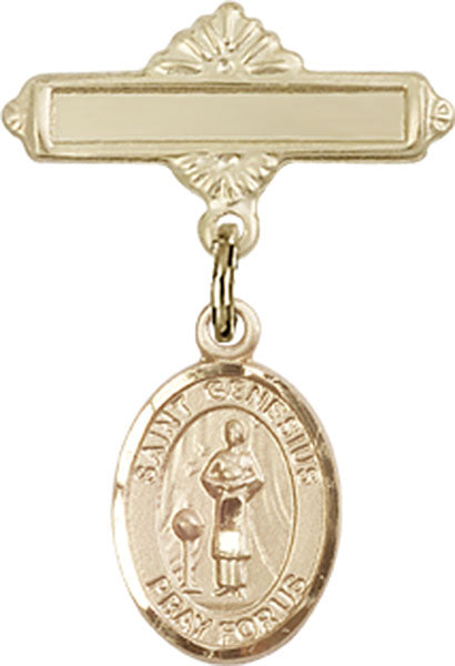 Personalized Baby Badge - Engraved Badge Pin with St. Genesius of Rome Charm