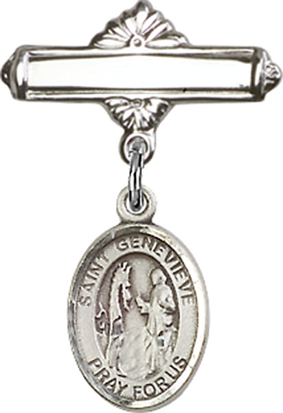 Personalized Baby Badge - Engraved Badge Pin with St. Genevieve Charm