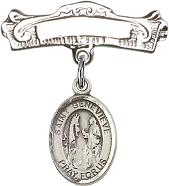 Personalized Baby Badge - Engraved Badge Pin with St. Genevieve Charm