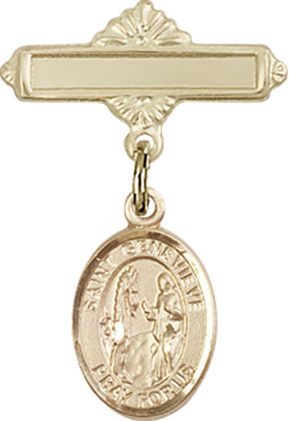 Personalized Baby Badge - Engraved Badge Pin with St. Genevieve Charm