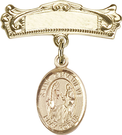 Personalized Baby Badge - Engraved Badge Pin with St. Genevieve Charm