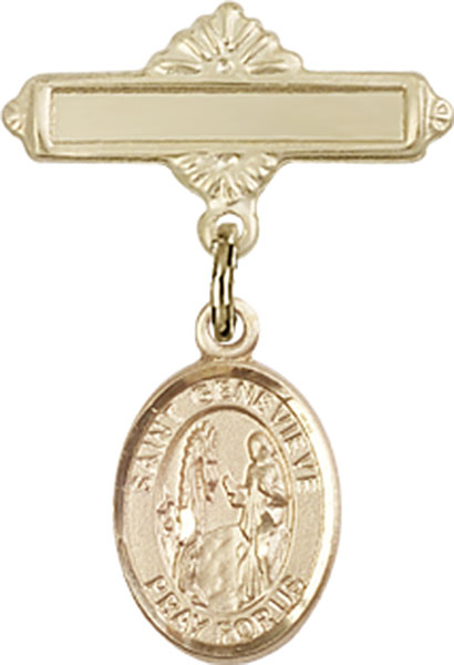 Personalized Baby Badge - Engraved Badge Pin with St. Genevieve Charm
