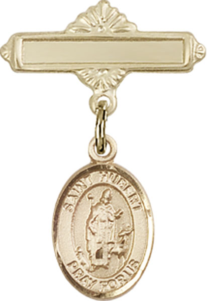 Personalized Baby Badge - Engraved Badge Pin with St. Hubert of Liege Charm