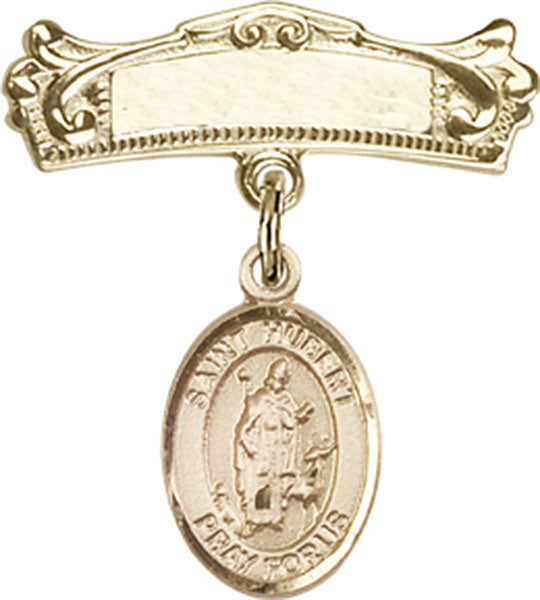 Personalized Baby Badge - Engraved Badge Pin with St. Hubert of Liege Charm