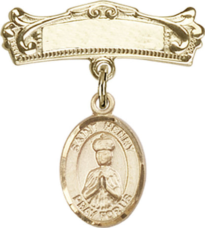 Personalized Baby Badge - Engraved Badge Pin with St. Henry II Charm