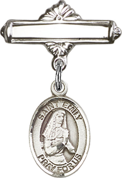 Personalized Baby Badge - Engraved Badge Pin with St. Emily de Vialar Charm