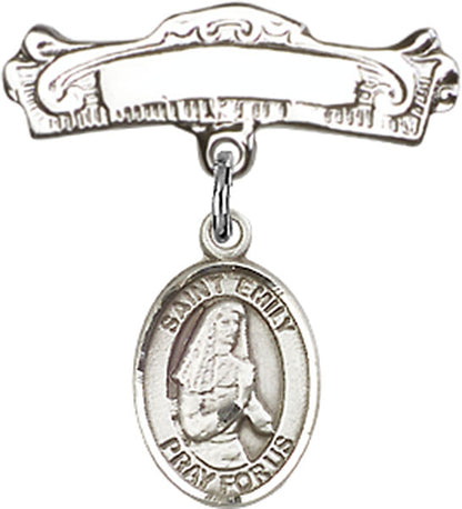 Personalized Baby Badge - Engraved Badge Pin with St. Emily de Vialar Charm