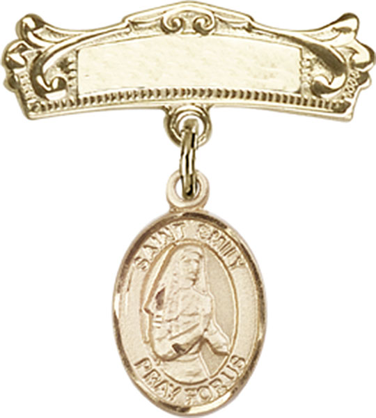 Personalized Baby Badge - Engraved Badge Pin with St. Emily de Vialar Charm