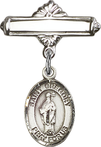 Personalized Baby Badge - Engraved Badge Pin with St. Gregory the Great Charm