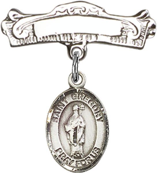 Personalized Baby Badge - Engraved Badge Pin with St. Gregory the Great Charm