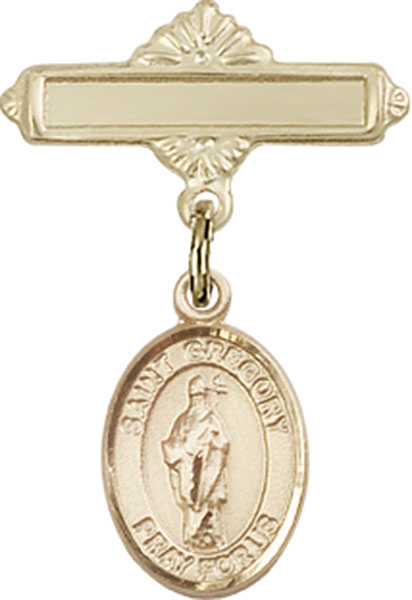 Personalized Baby Badge - Engraved Badge Pin with St. Gregory the Great Charm
