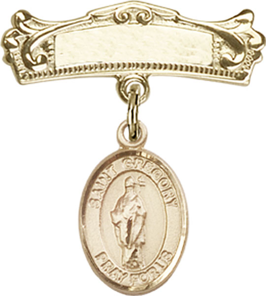 Personalized Baby Badge - Engraved Badge Pin with St. Gregory the Great Charm