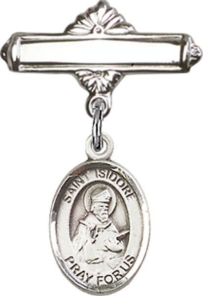 Personalized Baby Badge - Engraved Badge Pin with St. Isidore of Seville Charm
