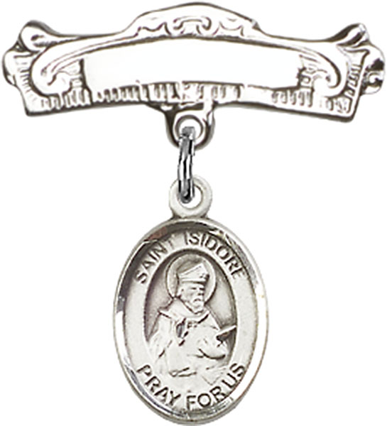 Personalized Baby Badge - Engraved Badge Pin with St. Isidore of Seville Charm